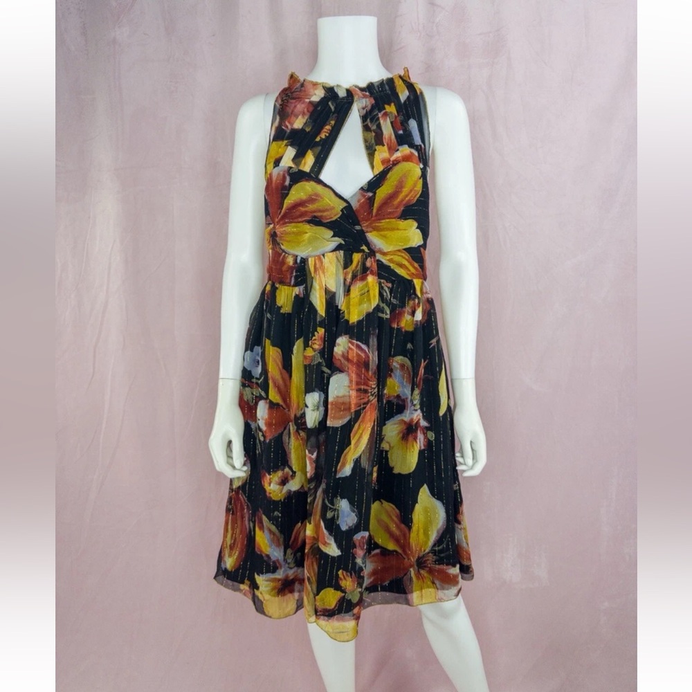 Anna Sui Anthropologie Womens Black Silk Floral Dress Size 10